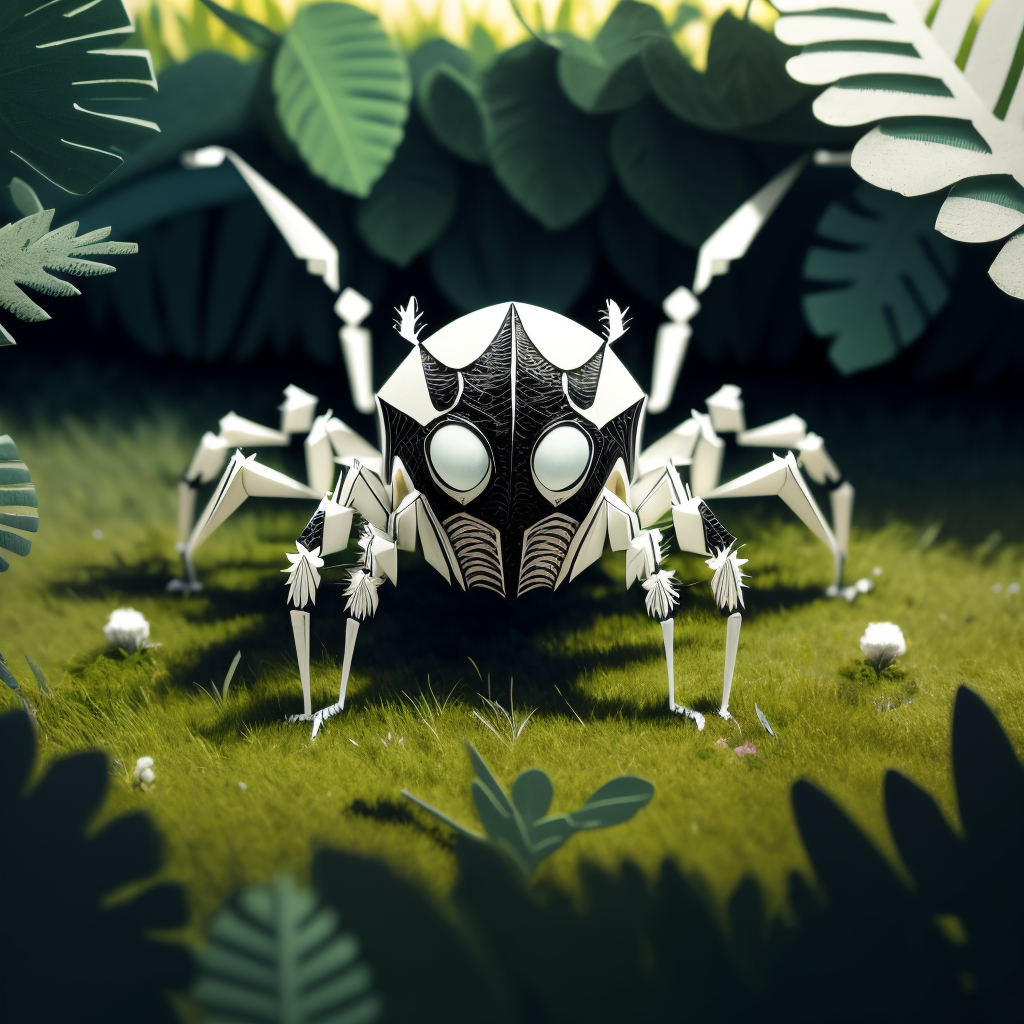 00446-2475942679-a (papercarvingcd, paper) (spider_1.2), standing on lawn, (solo_1.2), , no humans, high quality, masterpiece, realistic, photore.png